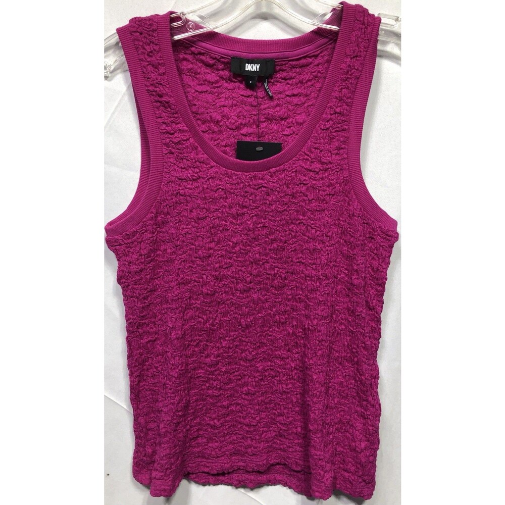 NWT DKNY Sleeveless Tank Top S Raspberry Pink Smocked Ruched Stretch Scoop Neck